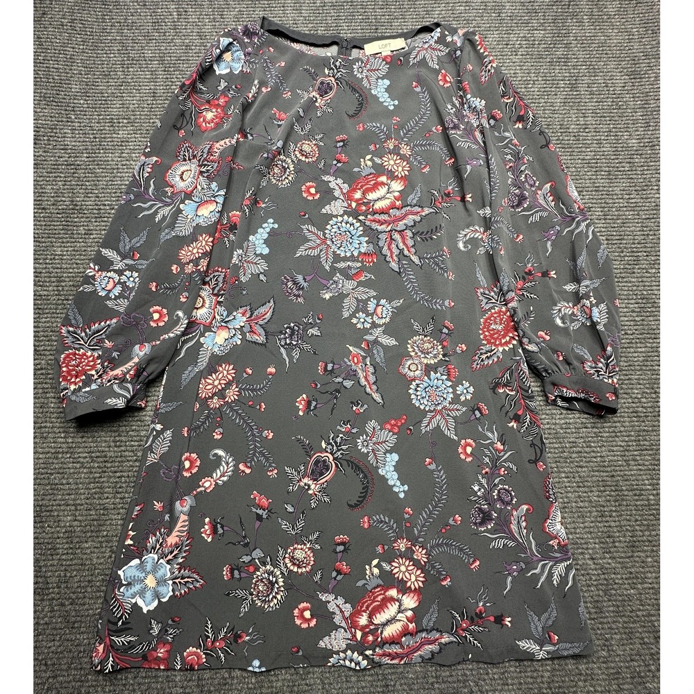 LOFT Dress Womens 14 Gray Floral Long Sleeve Shift Puff Sleeve Workwear Office‎